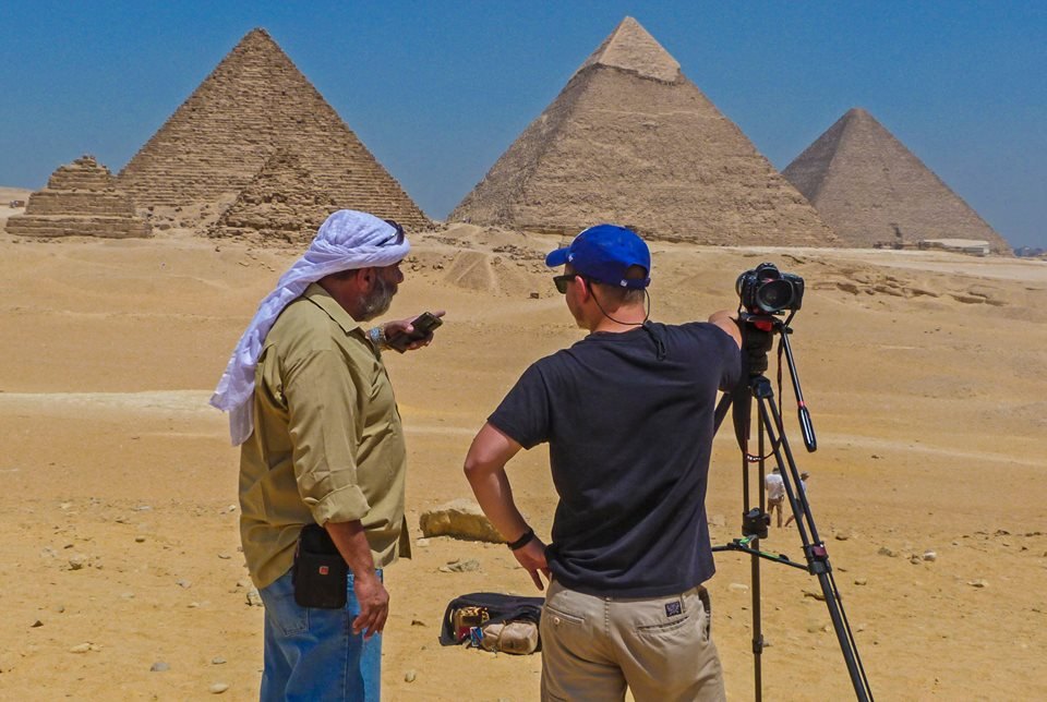 Crew filming at the Giza pyramids